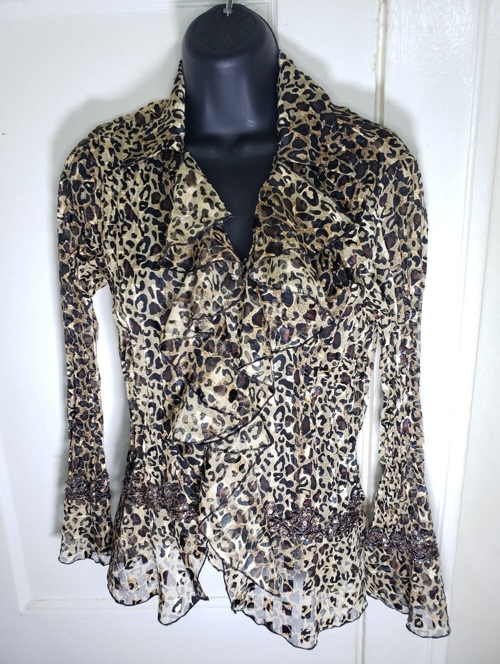 Mary L Couture Leopard Print Ruffle Blouse Small Sheer Chiffon Sequin Beaded Top